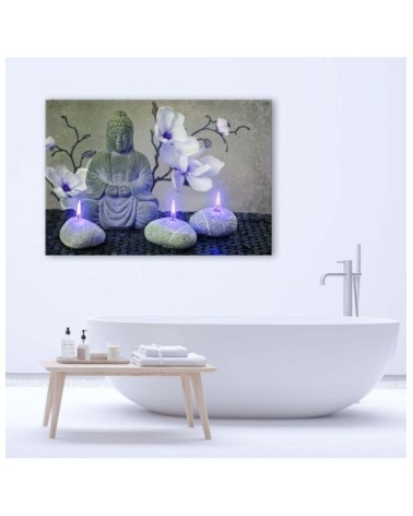 Dekoratives Leinwandbild - Buddha mit Orchideen und Kerzen | Feeby