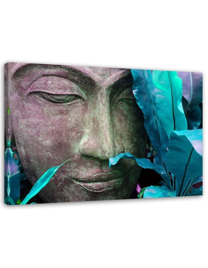 Bild auf Leinwand - Buddhas Gesicht mit einem Blatt | Feeby