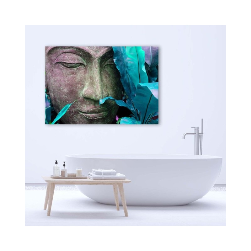 Bild auf Leinwand - Buddhas Gesicht mit einem Blatt | Feeby