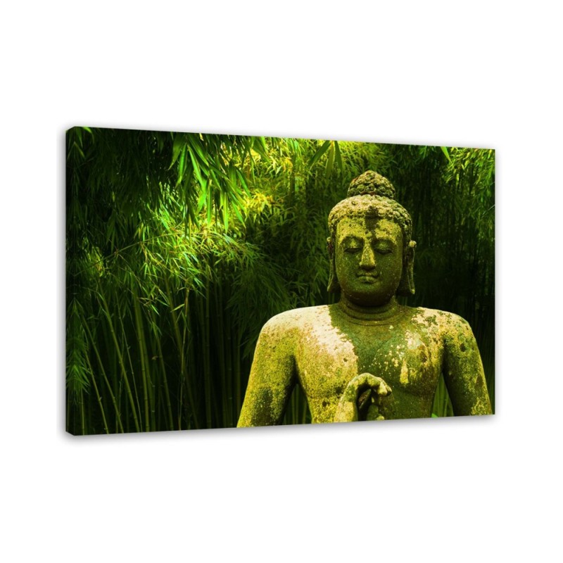 Wandbild für Wohnzimmer - Buddha zwischen Bambusbäumen | Feeby