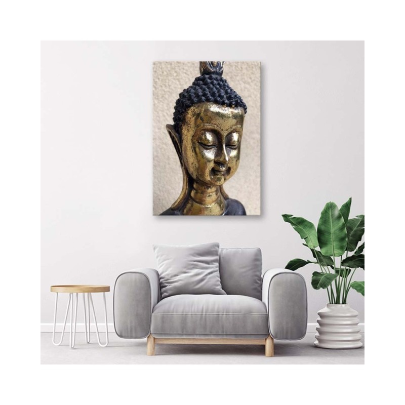 Wandbild für Wohnzimmer - Das Gesicht des goldenen Buddha | Feeby