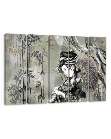 5 Piece Canvas print for living room - Geisha and bamboos | FEEBY