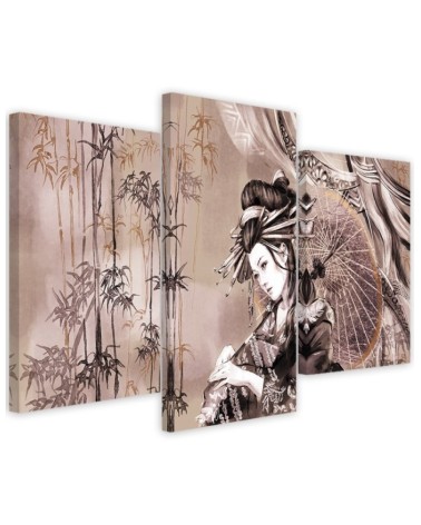 Geisha and bamboos - Modern triptychs for the living room | FEEBY