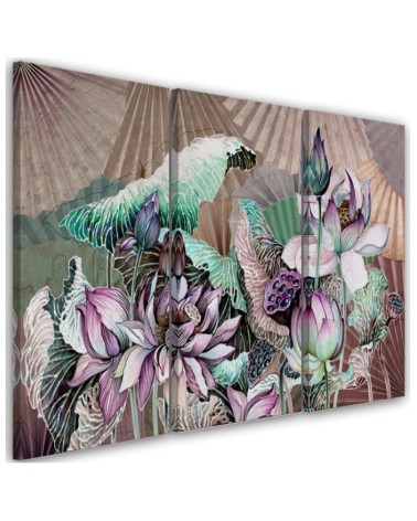 3 piece Holy lotus and fans - Printed canvas painting | FEEBY