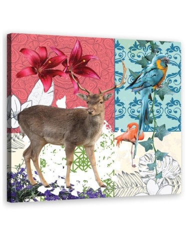 Deer Parrot Flamingo collage - Canvas wall art painting | FEEBY