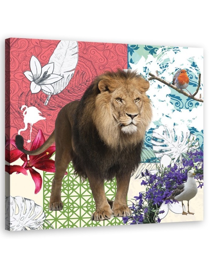Lew i ptaki kolaż - Obraz na ścianę canvas | FEEBY