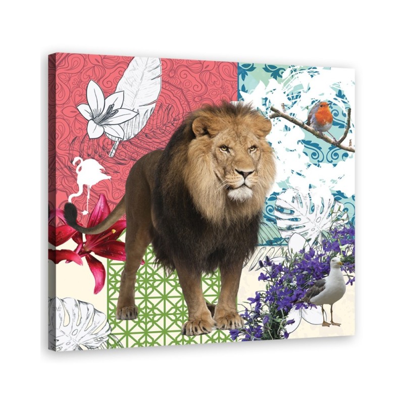 Bild auf Leinwand - Löwe und Vögel Collage | Feeby
