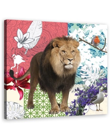 Bild auf Leinwand - Löwe und Vögel Collage | Feeby