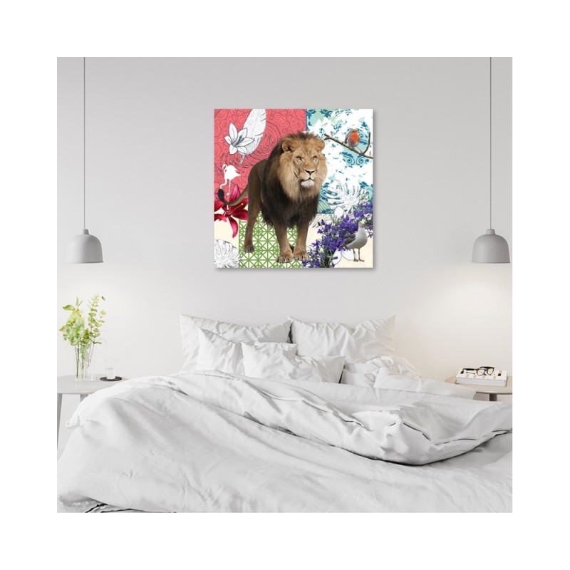 Bild auf Leinwand - Löwe und Vögel Collage | Feeby