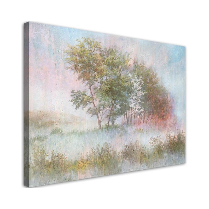 Bild auf Leinwand - Bäume auf einer nebligen Wiese | Feeby