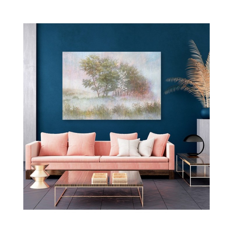 Bild auf Leinwand - Bäume auf einer nebligen Wiese | Feeby