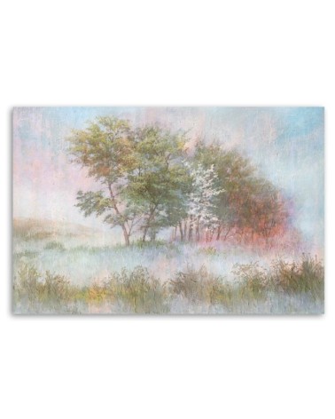 Bild auf Leinwand - Bäume auf einer nebligen Wiese | Feeby