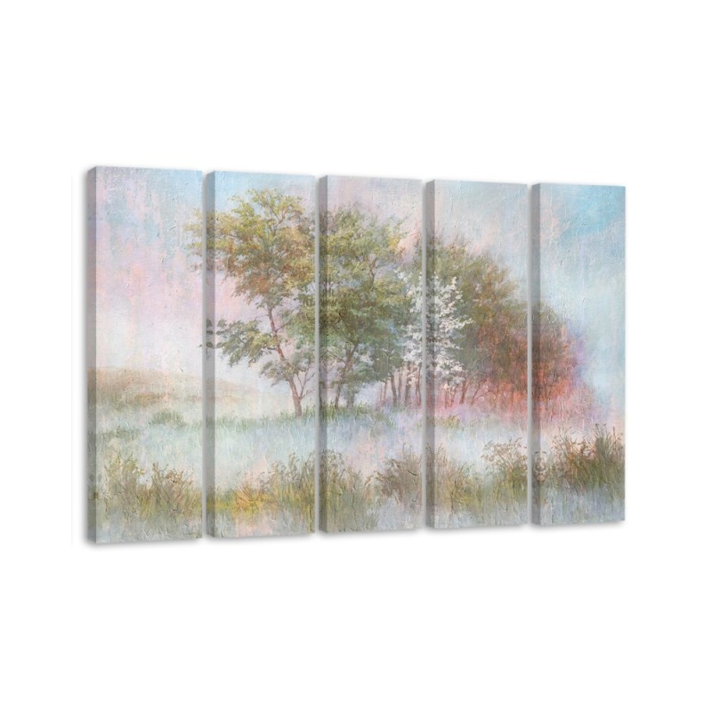 Bild auf Leinwand - Bäume auf einer nebligen Wiese | Feeby