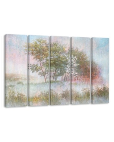 Bild auf Leinwand - Bäume auf einer nebligen Wiese | Feeby