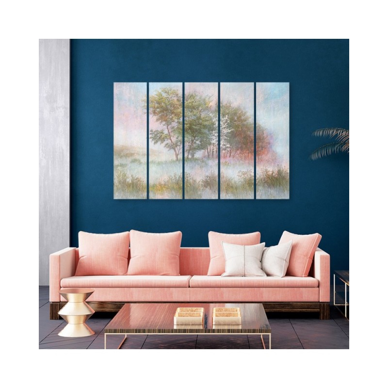 Bild auf Leinwand - Bäume auf einer nebligen Wiese | Feeby