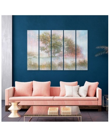 Bild auf Leinwand - Bäume auf einer nebligen Wiese | Feeby