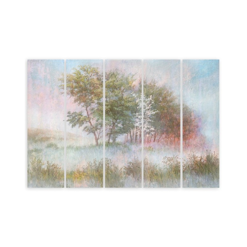 Bild auf Leinwand - Bäume auf einer nebligen Wiese | Feeby