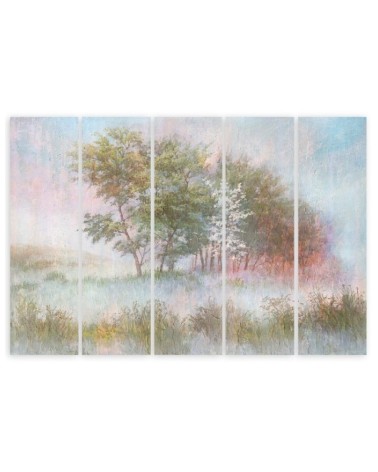 Bild auf Leinwand - Bäume auf einer nebligen Wiese | Feeby