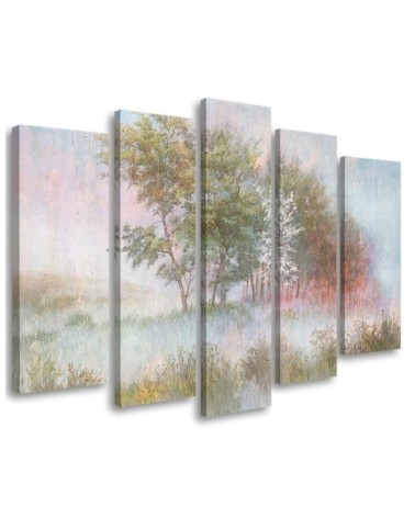 Bild auf Leinwand - Bäume auf einer nebligen Wiese | Feeby