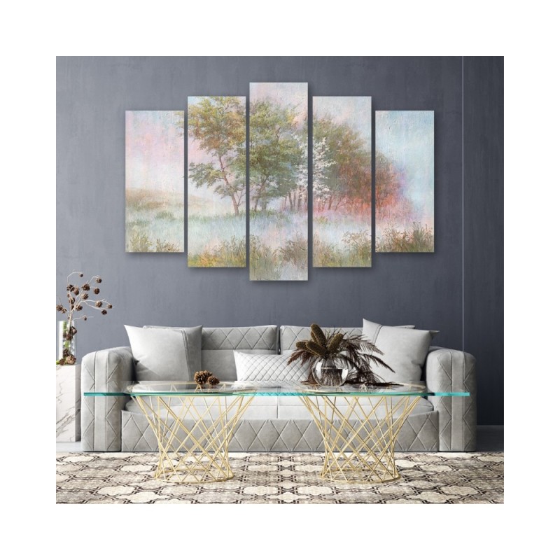 Bild auf Leinwand - Bäume auf einer nebligen Wiese | Feeby