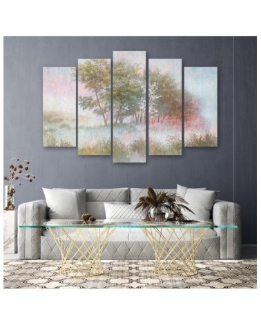 Bild auf Leinwand - Bäume auf einer nebligen Wiese | Feeby