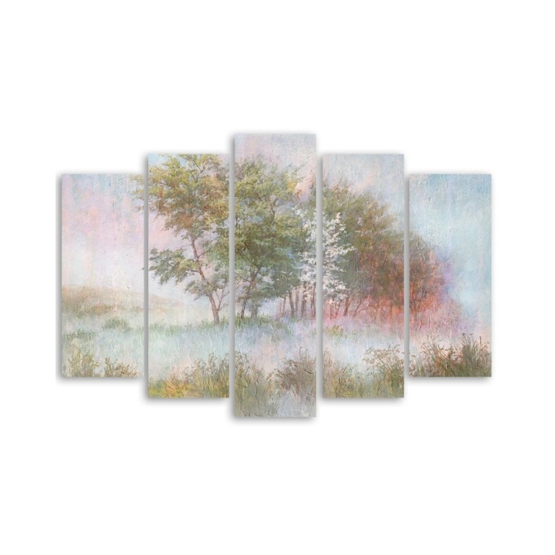 Bild auf Leinwand - Bäume auf einer nebligen Wiese | Feeby