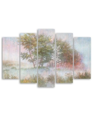 Bild auf Leinwand - Bäume auf einer nebligen Wiese | Feeby