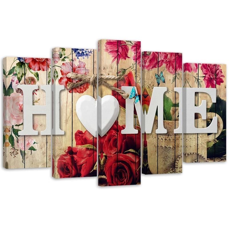5 Piece Home inscription with floral motif Decorative canvas painting | FEEBY