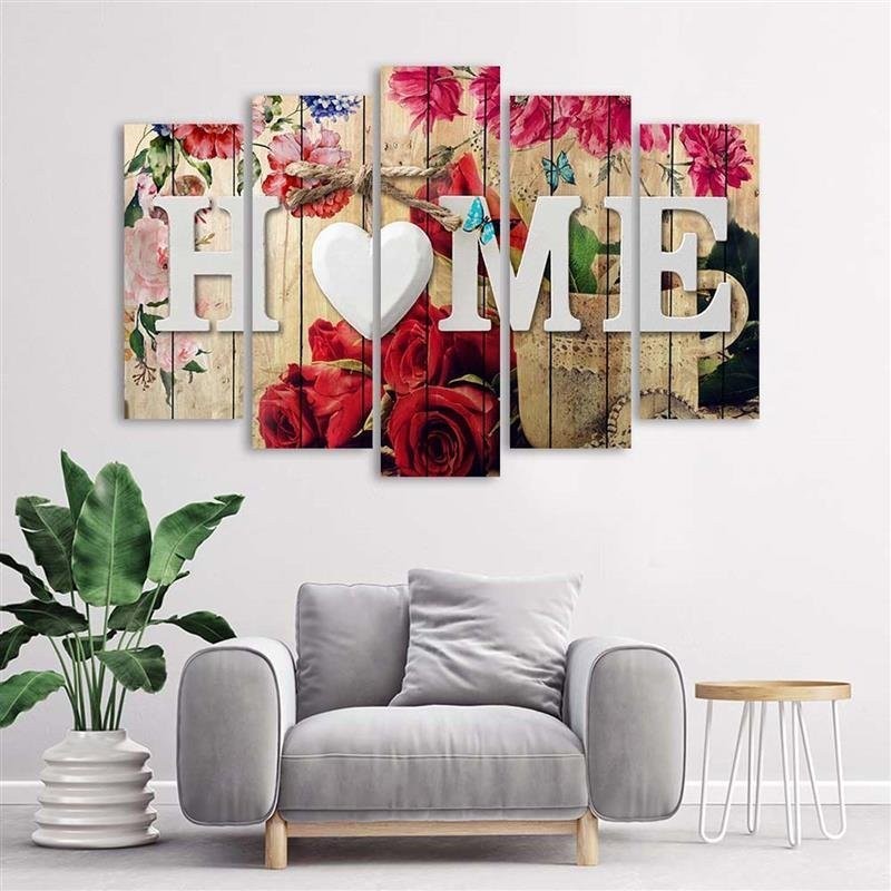 Bild auf Leinwand - Aufschrift Home mit Rose Blumen | Feeby