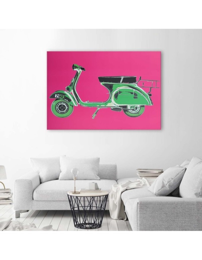 Obraz w stylu retro - Zielony skuter vespa na różowym tle | FEEBY