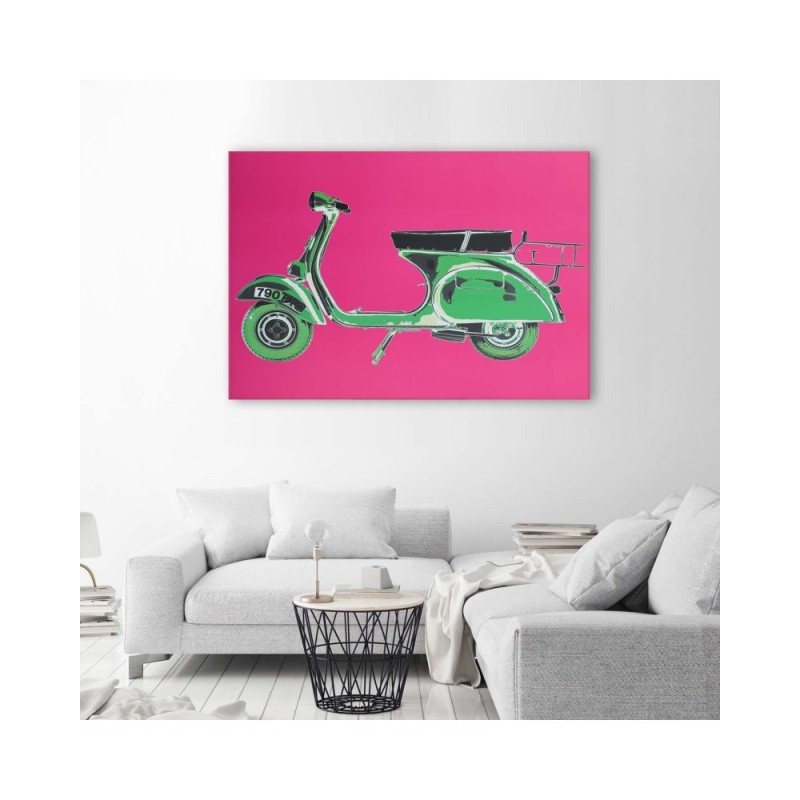 Leinwandbild - Grüner Motorroller auf rosa Hintergrund | Feeby