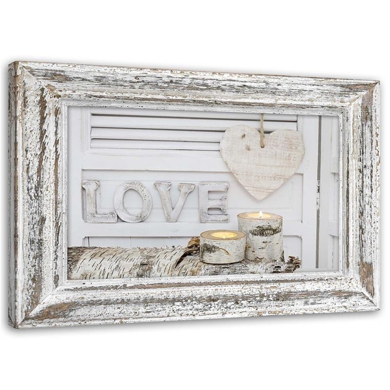 Napis Love i serce w odcieniach brzozy - Obraz do sypialni | FEEBY