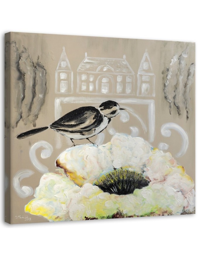 Dekoratives Leinwandbild - Weiße Blume und schwarzer Vogel | Feeby