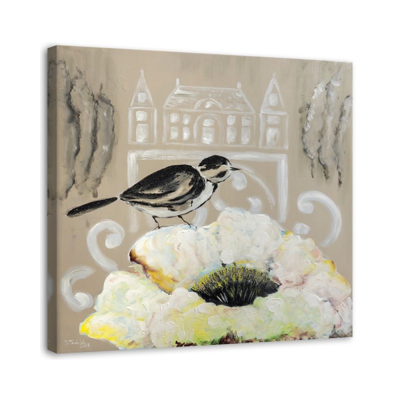 Dekoratives Leinwandbild - Weiße Blume und schwarzer Vogel | Feeby