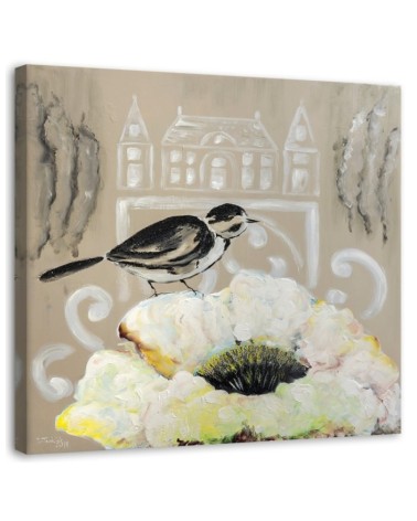 Dekoratives Leinwandbild - Weiße Blume und schwarzer Vogel | Feeby