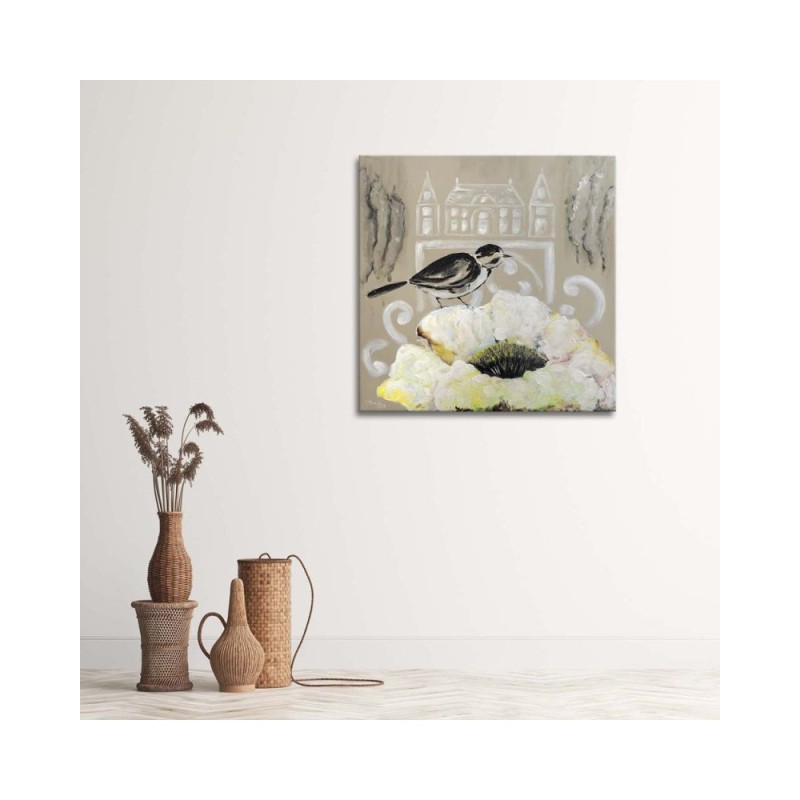 Dekoratives Leinwandbild - Weiße Blume und schwarzer Vogel | Feeby