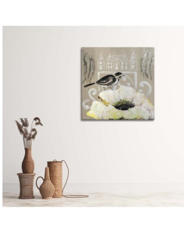 Dekoratives Leinwandbild - Weiße Blume und schwarzer Vogel | Feeby