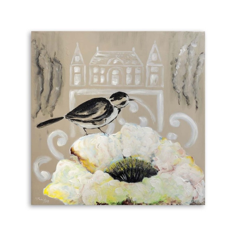 Dekoratives Leinwandbild - Weiße Blume und schwarzer Vogel | Feeby