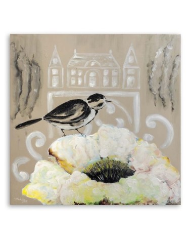 Dekoratives Leinwandbild - Weiße Blume und schwarzer Vogel | Feeby