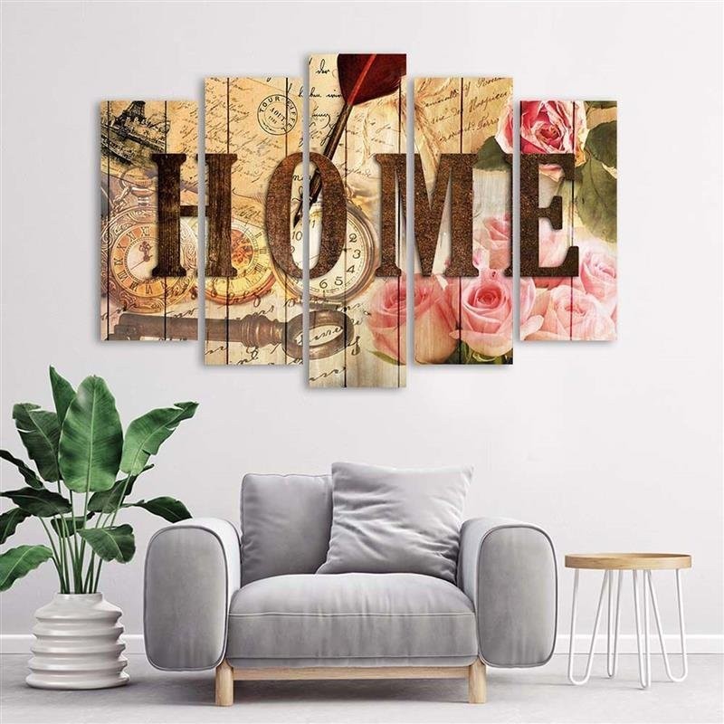 Leinwandbild - Home Retro Blumen Aufschrift | Feeby