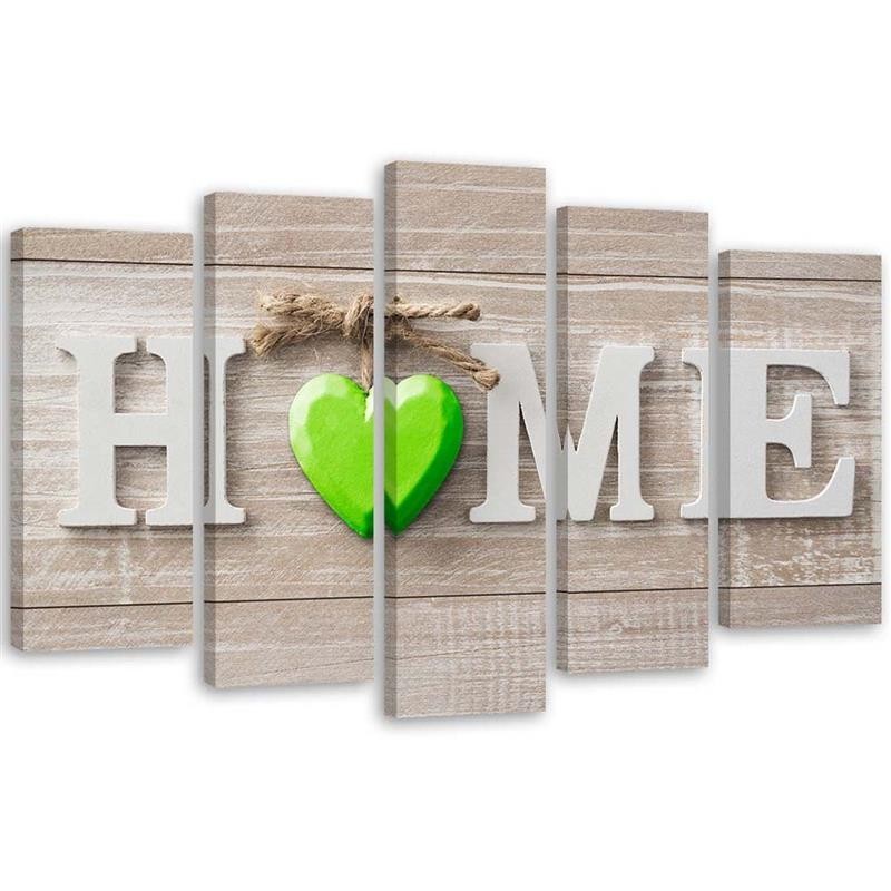 Decorative Canvas print 5 Piece - Home inscription with green heart on light boards | FEEBY