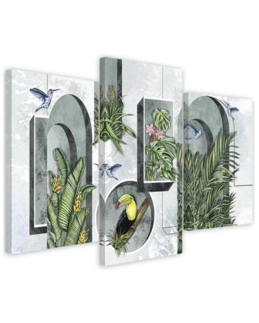 Canvas print for living room - Shapes in the wall with plants and birds toucan hummingbird | FEEBY