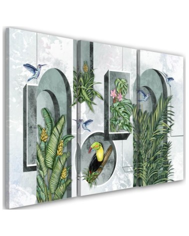 Canvas print for living room - Shapes in the wall with plants and birds toucan hummingbird | FEEBY