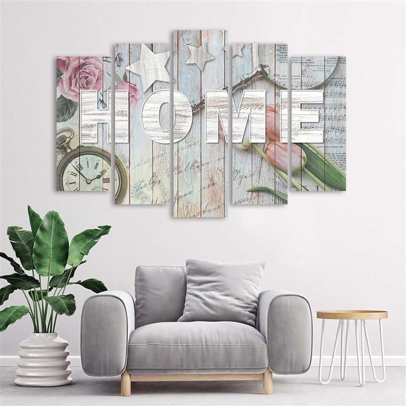 Leinwandbild modern - Home Holz Inschrift Blumen | Feeby