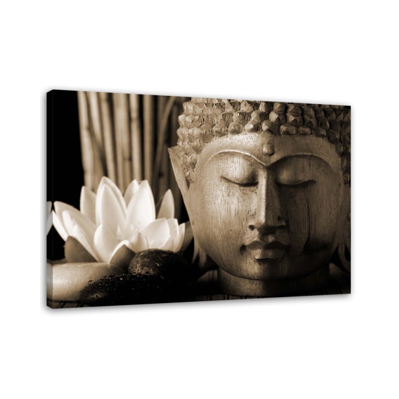 Leinwanddruck - Buddhas Kopf mit einer Lilie | Feeby