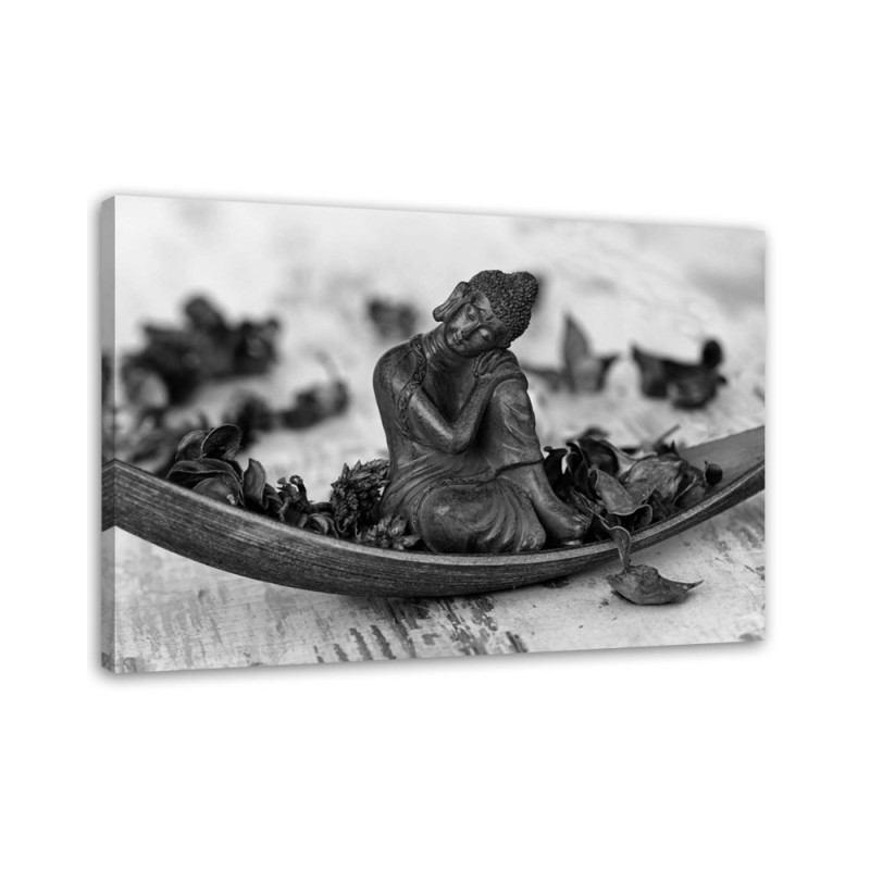 Leinwandbild - Buddha und Blütenblätter - schwarz und weiß | Feeby