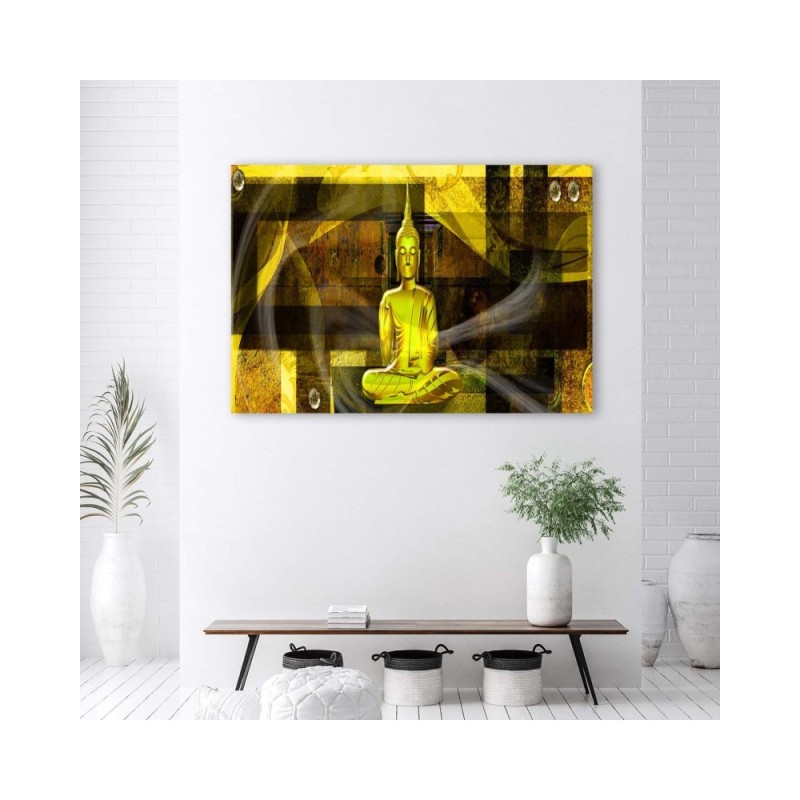 Leinwandbild - Buddha-Figur auf geometrischem Hintergrund | Feeby