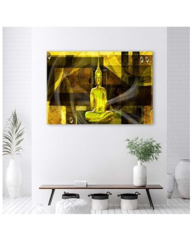 Leinwandbild - Buddha-Figur auf geometrischem Hintergrund | Feeby