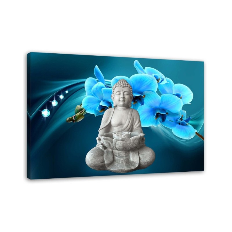 Leinwandbild - Buddha mit einer blauen Orchidee | Feeby