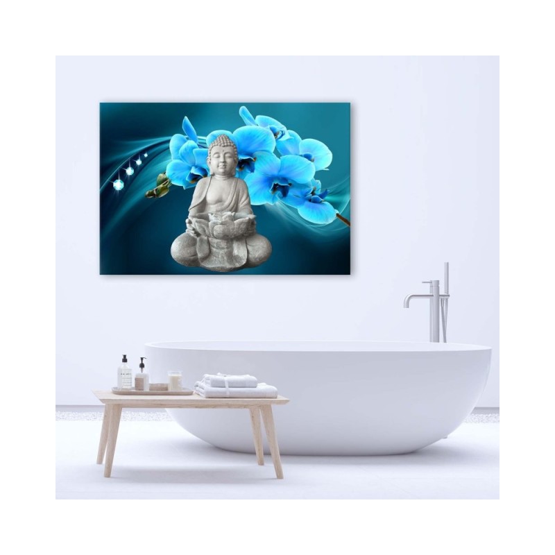 Leinwandbild - Buddha mit einer blauen Orchidee | Feeby